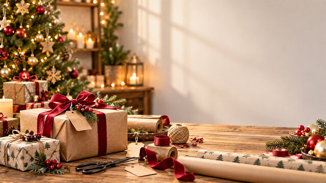 Christmas gift wrapping scene with festive presents, red ribbons and decorated Christmas tree on rustic wooden table with warm lights and copy space