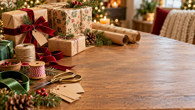 Christmas gift wrapping scene with festive presents, red ribbons and decorated Christmas tree on rustic wooden table with warm lights and copy space