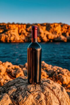Red wine bottle standing on a rugged coastal rock at golden hour by the sea with warm lighting and beautiful bokeh for luxury hospitality marketing