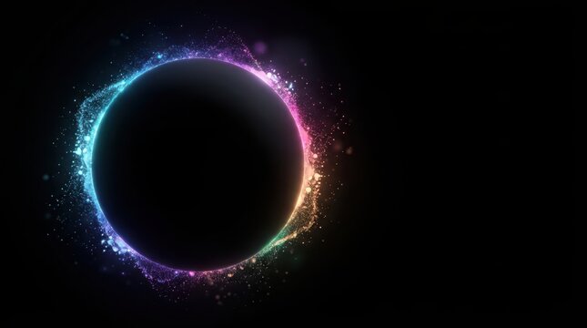 Abstract circular glow with rainbow particles during night with dark background