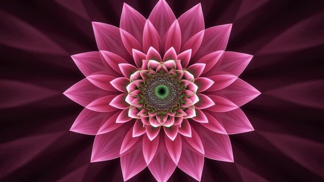 Symmetrical pink lotus flower bloom with radiating light in dark background abstract motion