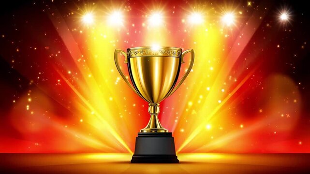 A golden trophy stands on a pedestal as bright lights shine in the background at an award ceremony event