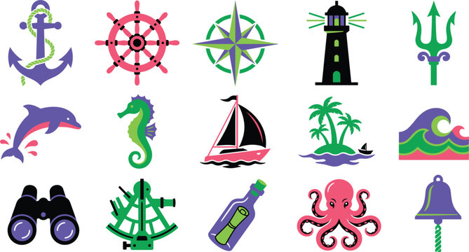Whimsical ocean voyage marine fauna harbor signal bell navigation instrument message in bottle tropical palm cove