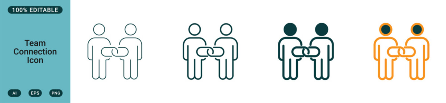 Team connection icon set featuring two stylized figures linked together by a chain symbol, representing collaboration, partnership, and professional networking in a clean vector graphic design web ico