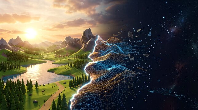 Digital landscape split between nature and technology