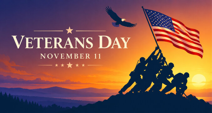 Patriotic Veterans Day tribute featuring an American flag, military memorial silhouette, flying eagle, and dramatic sunset landscape. Ideal for November 11 celebrations, veteran appreciation campaigns