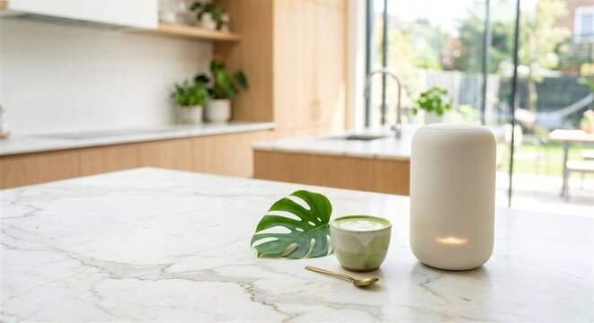 Smart speaker on marble kitchen island