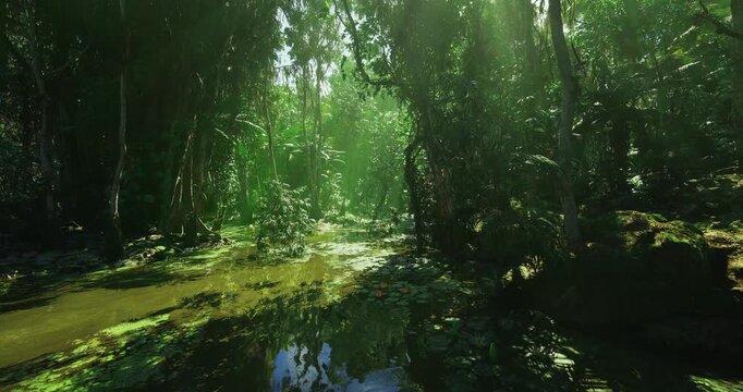 Lush mangrove research site with dense foliage and complex root systems, abundant plant life and insect activity, ideal for scientific narratives, fieldwork