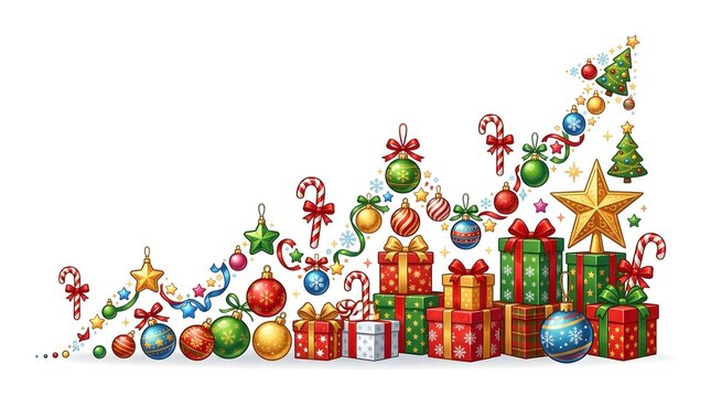 Christmas growth chart with colorful baubles, candy canes, gift boxes, and a golden star, arranged in an upward trending line