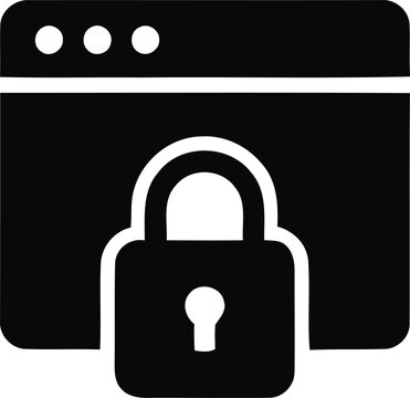 A black and white icon representing a secure web browser window with a padlock symbol for internet safety