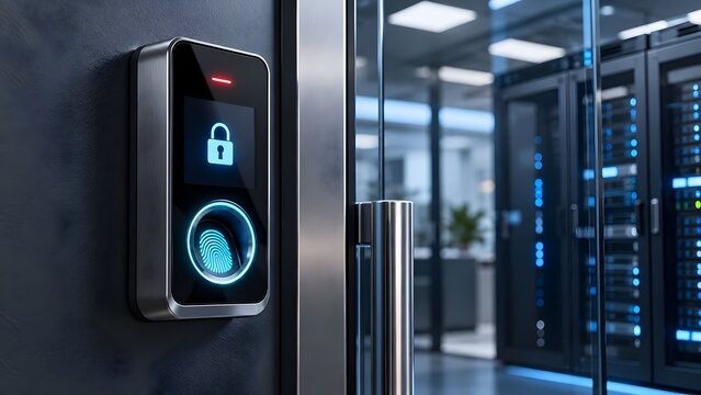 Biometric Fingerprint Scanner Access Control on a Glass Door Securing a High Tech Datacenter Server Room