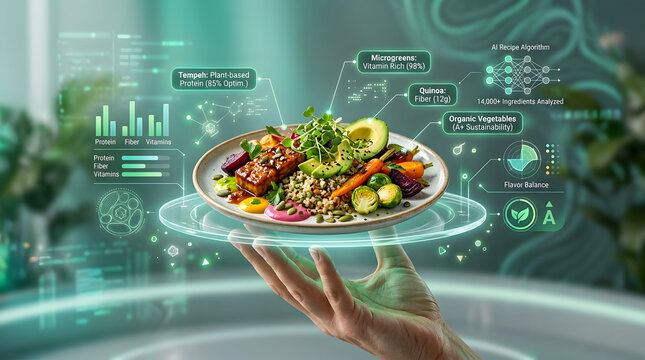 Futuristic Nutrition Concept with Hand Holding Healthy Food Plate and Digital Infographics