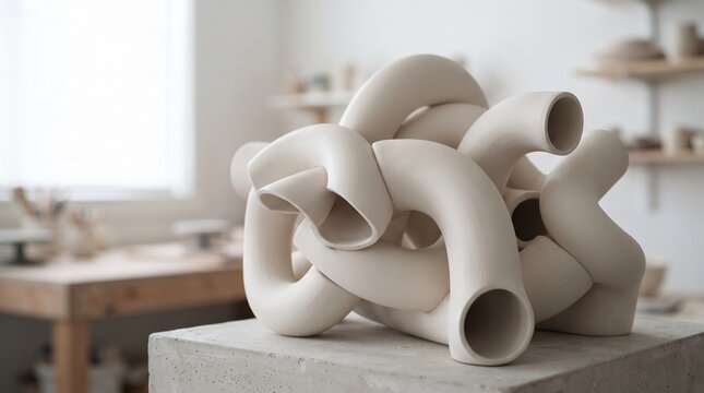 White ceramic abstract sculpture in art studio
