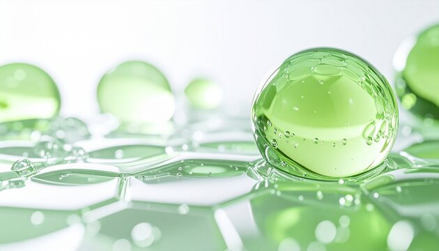 肌の水分保持と保護機能を表現した透明ジェル球体とハニカム構造、グリーンのスキンケアイメージ、ジェネレーティブAI
