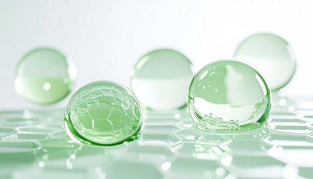 セラミドによる肌の保湿とバリアをイメージした透明球体と六角形パターン、美容広告背景、ジェネレーティブAI