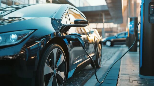 An electric car charges at a station on a city street as the sun sets, highlighting modern architecture and technology