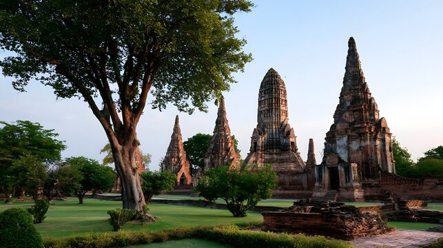 Ancient temple ruins with tall spires stand amidst lush greenery under a clear sky  framed by a large tree