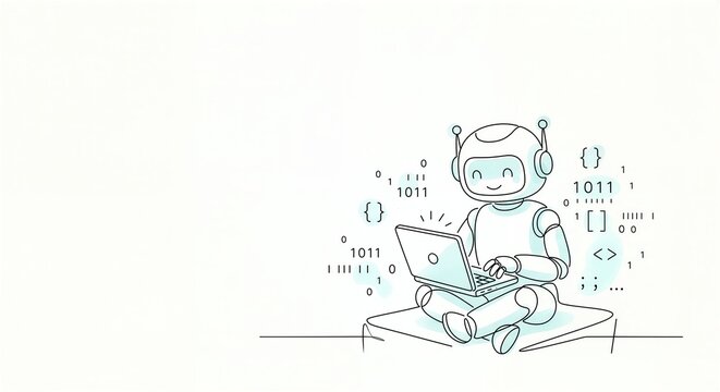 Cute robot using laptop with binary code
