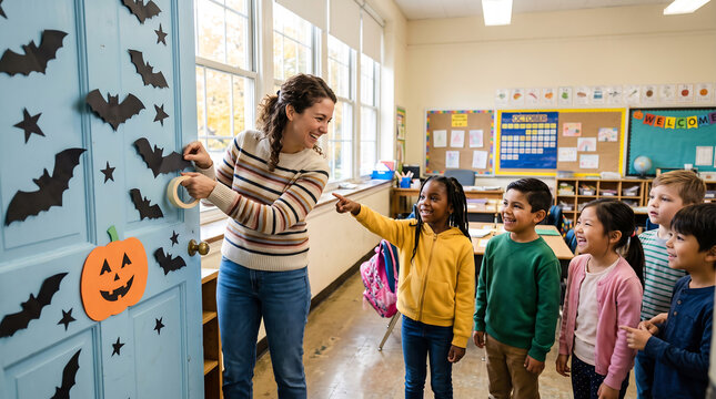 Teacher Decorating Classroom Door for Halloween with Children