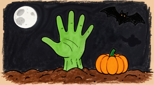 Naive hand-drawn illustration: dead hand from the ground, pumpkin, moon. For cards, posters, Halloween decor.
