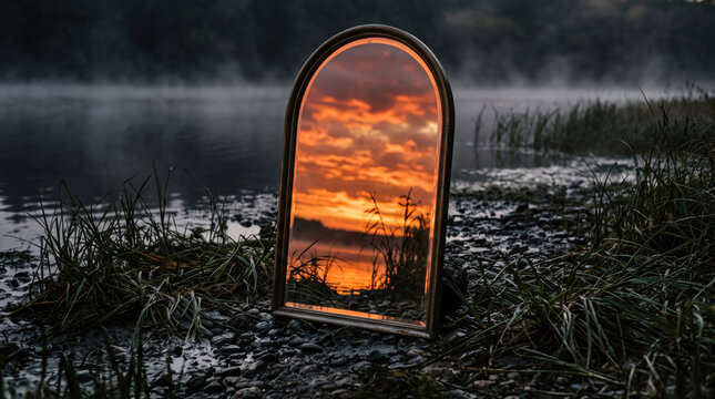 Arched Mirror on Misty Lake Shore Reflecting Golden Sunset Sky