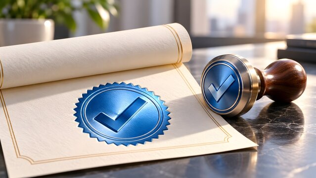 Official document with blue checkmark seal and wooden handle stamp symbolizing approval certification and quality assurance