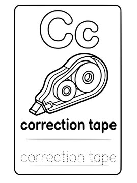 Letter C is for Correction Tape tracing worksheet and coloring page for kids learning alphabet