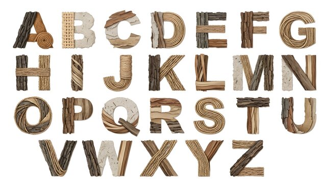 A creatively designed full alphabet from a to z is shown utilizing diverse and beautiful woodgrain textures and a palette of natural earthy tones