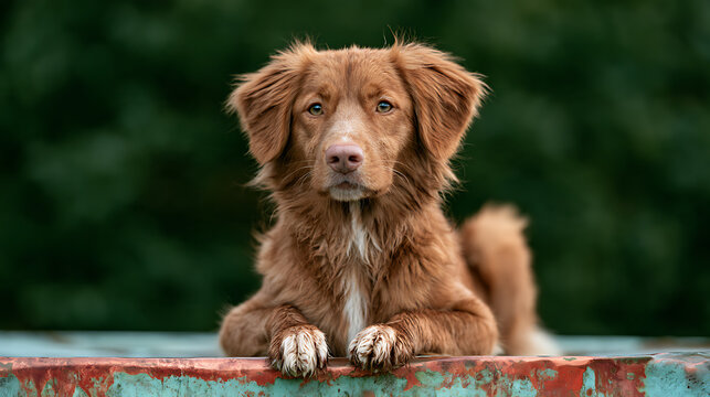 Close-up of A Nova Scotia Duck Tolling Retriever with a dark green, forest-like background