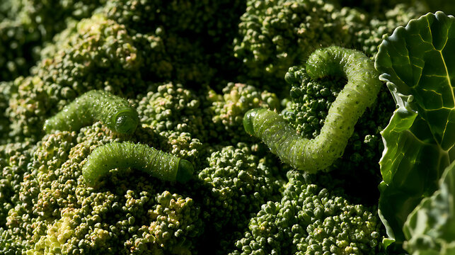 Caterpillars scattered across the broccoli head