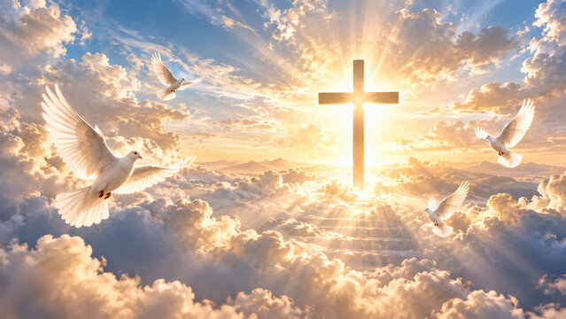 Christian cross glowing in heavenly sunlight above clouds with white doves flying, spiritual symbol of faith, hope, peace and divine salvation