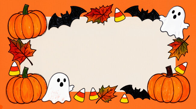 Naive hand-drawn illustration: frame of pumpkins, bats, ghosts, autumn leaves. For cards and invitations.
