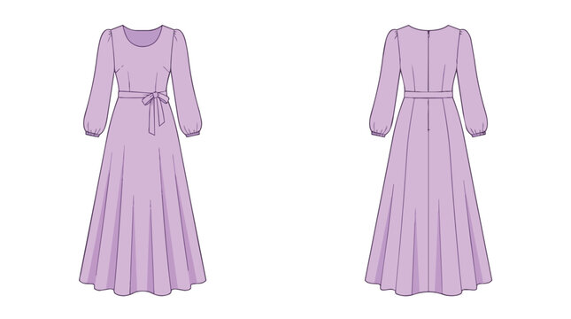 Purple Long Sleeve Maxi Dress with Belt and Bishop Sleeves Front and Back Technical Drawing Fashion Sketch