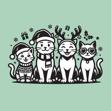 Christmas Cats Group Vector Illustration: Cute black and white vector illustration of four diverse cats side-by-side wearing festive Santa hats, scarves, antlers, and patterned swe