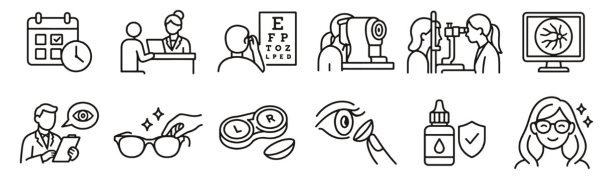Eye care line icon set. Vision tests, retinal imaging, glasses and contact lenses linear vector illustration. Outline signs for optometry, eye exams, optical services and contact lens fitting.