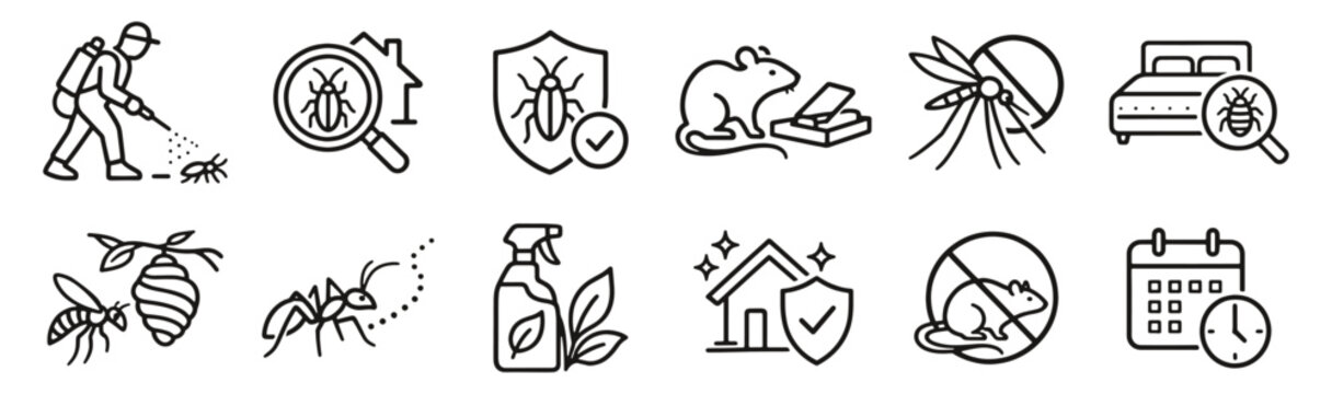 Pest control line icon set. Insect spraying, rodent traps and home inspection linear vector illustration. Outline signs for extermination, infestation prevention and mosquito and bedbug treatment.