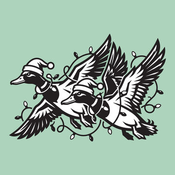 Christmas flying mallard ducks illustration featuring festive waterfowl in Santa hats and tangled holiday lights. Detailed black and white engraving style vector art for winter dec