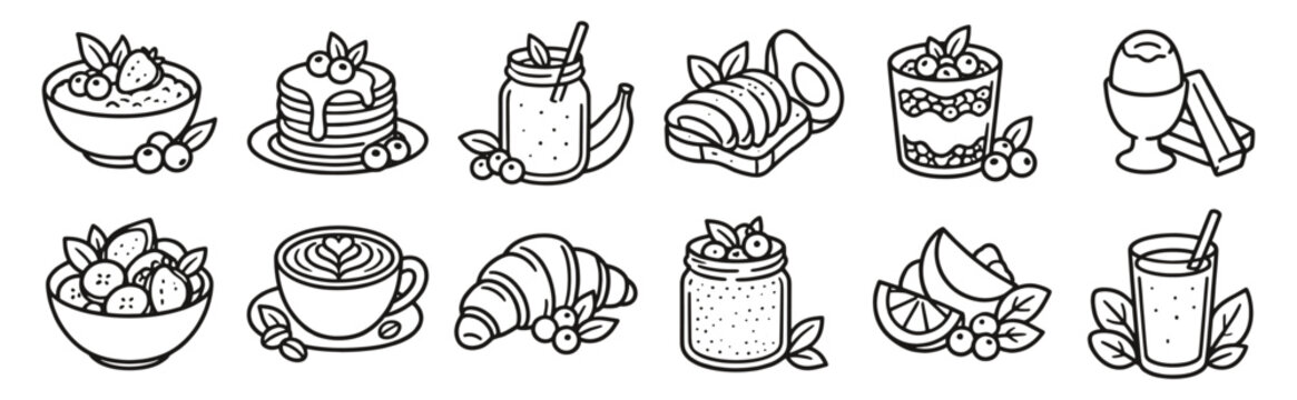 Breakfast food line icon set. Pancakes, oatmeal, smoothie and avocado toast linear vector illustration. Outline signs for healthy brunch, cafe menus, nutrition and fruit, yogurt and morning meals.