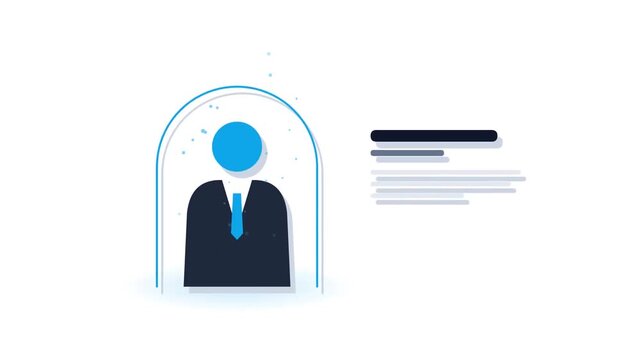 A stylized graphic depicting a professional business person icon with associated text lines, symbolizing a profile or data entry.