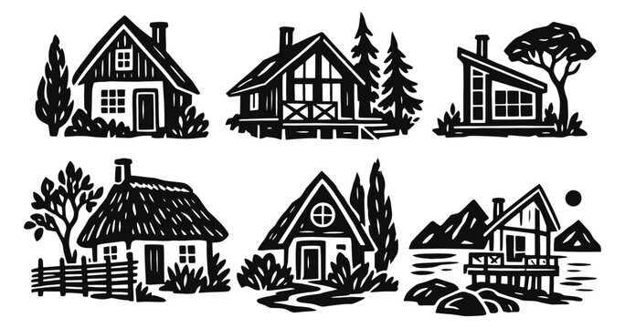 Country cottage linocut icon set. Rustic homes, woodland cabin, thatched roof, garden fence and lakeside lodge. Hand drawn black vector illustration in vintage woodcut print style.