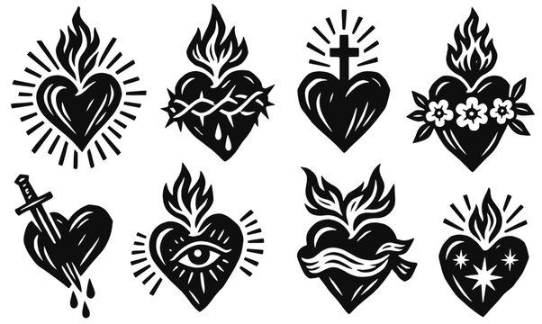 Sacred heart linocut icon set. Flaming religious emblems with thorns, cross, dagger, flowers, tears and stars. Hand drawn black vector illustration in vintage woodcut print style.