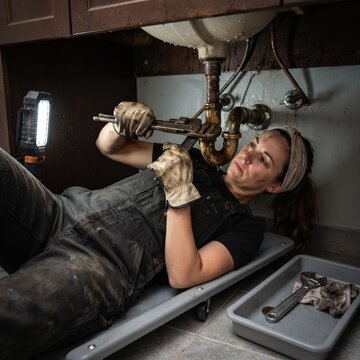 A woman uses a pipe wrench to repair a leaking pipe beneath a sink, working in a dimly lit space illuminated by a portable work light.