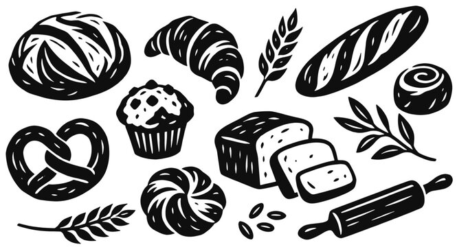 Bakery linocut icon set. Rustic bread loaves, croissant, baguette, pretzel, muffin, cinnamon bun and rolling pin. Hand drawn black vector illustration in vintage woodcut print style.
