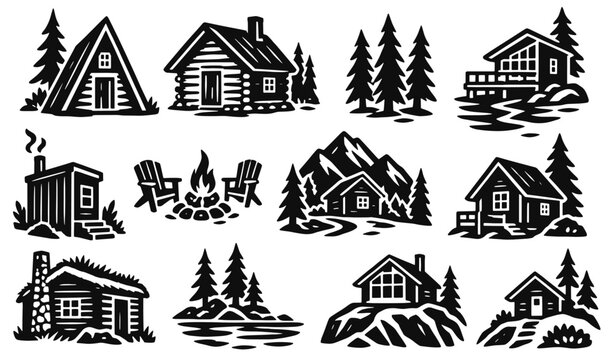 Forest cabin linocut icon set. Rustic log cottages, mountain lodges, lakeside retreats, evergreen trees and campfire chairs. Hand drawn black vector illustration in vintage woodcut print style.