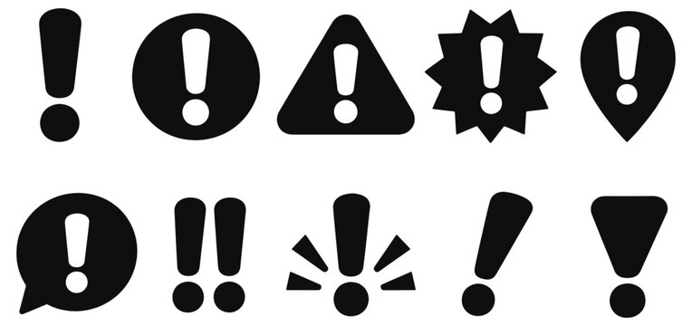 Exclamation solid icon set. Warning triangles, attention badges, speech bubbles and punctuation in black glyph vector silhouettes for urgent alerts, error messages, safety notices and web interfaces.