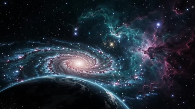 spiral galaxy nebula planet stars deep space cosmic background astronomy