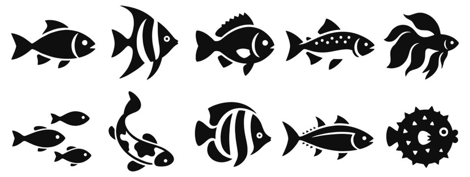 Fish solid icon set. Tropical, freshwater and marine fish with fins, scales and varied shapes in black glyph vector silhouettes for aquarium shops, fishing, seafood menus, aquatic life and web design.