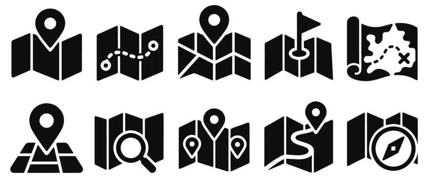 Map solid icon set. Folded maps with pins, route, flag, compass and magnifier in black glyph vector silhouettes for travel planning, navigation, location search, tourism and delivery web interfaces.