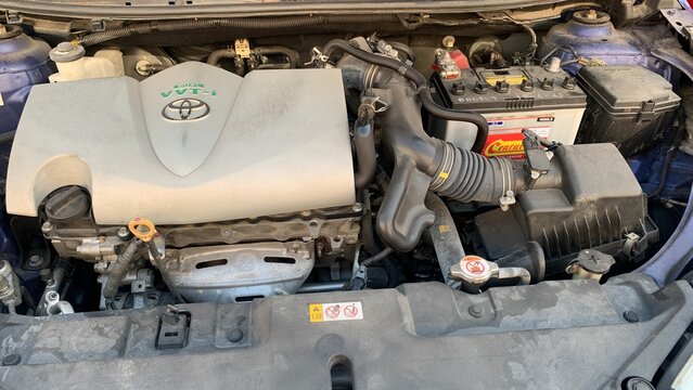 Selangor, Malaysia Sept 28th 2026- Toyota Vios Dual VVT-i engine bay displaying automotive components for routine inspection