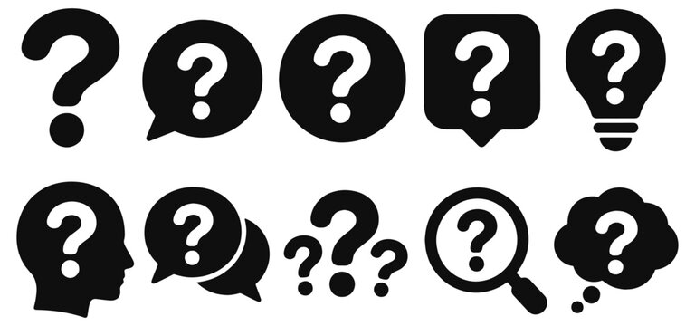Question solid icon set. Question marks, speech bubbles, thinking head, bulb and magnifier in black glyph vector silhouettes for FAQs, customer support, inquiry, uncertainty and learning websites.
